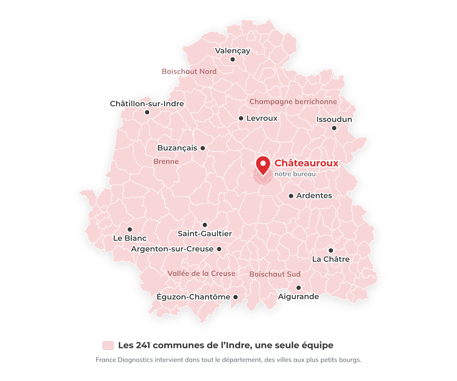 Carte de l’Indre : France Diagnostics intervient dans les 241 communes du département depuis son bureau de Châteauroux